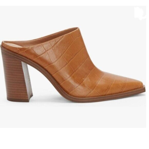 FOWT Brown Crocodile Embossed Mules Chunky Stacked Heel Pointed Toe Slippers - Picture 1 of 6